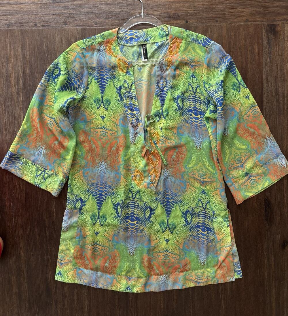 Paula Hermanny Cover Up Tunic Women’s Medium Green Animal Print Sheer Resortwear